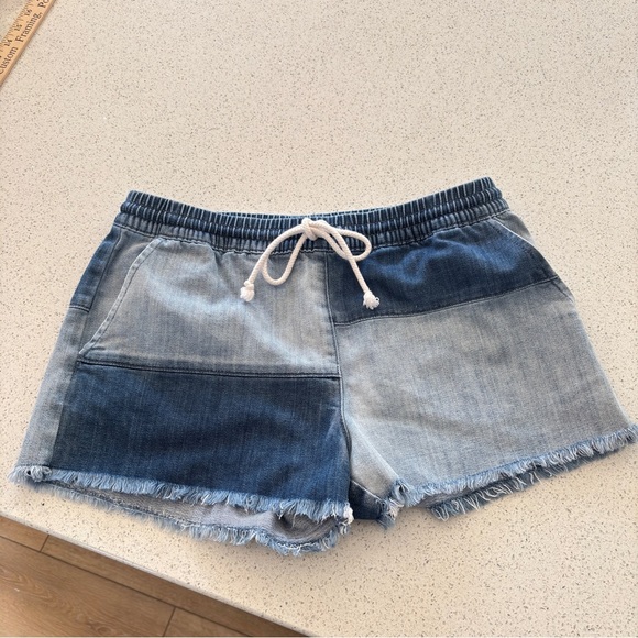 Aerie Denim Jean Shorts Pull On Patchwork Small Summer Elastic Waist Drawstring - Picture 5 of 14